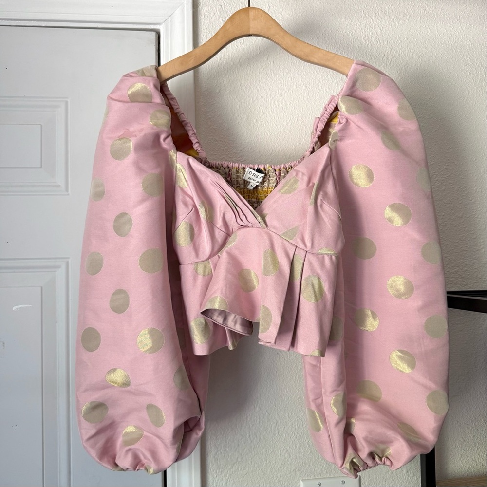 NWT SISTER JANE pink gold metallic polka dot puff long sleeve cropped top blouse